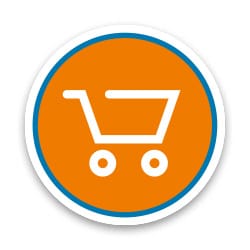 Ein einfaches Einkaufswagen-Symbol in Weiß auf orangefarbenem Hintergrund mit blauer Umrandung.