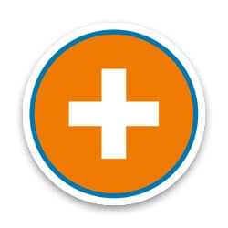 Rundes Symbol in Orange mit einem weißen Kreuz in der Mitte, umgeben von einem blauen Rand.