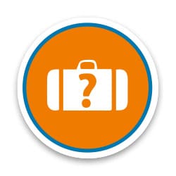 Rundes Icon mit einem orangefarbenen Hintergrund und einem weißen Koffer mit Fragezeichen.