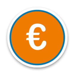 Rundes Symbol mit Euro-Zeichen in weiß auf orangefarbenem Hintergrund.