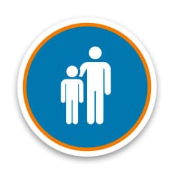 Symbol für Kinder und Erwachsene Symbol mit einer stilisierten Darstellung eines Erwachsenen und eines Kindes in weiß auf blauem Hintergrund.