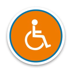 Ein orangefarbenes Symbol für Barrierefreiheit mit einer stilisierten Person im Rollstuhl.