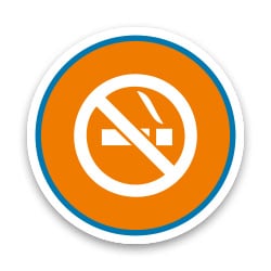 Rundes Symbol mit orangefarbigem Hintergrund und einem durchgestrichenen Zigarettenbild.