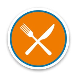 Ein orangefarbenes Symbol mit einer Gabel und einem Messer, die sich überkreuzen, in einem blauen Kreis.