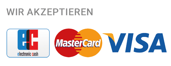 Logos der akzeptierten Zahlungsmethoden: EC, MasterCard und Visa.