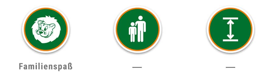 Symbol für Familienspaß Ein rundes Symbol mit einem Löwen und der Aufschrift 'Familienspaß' in einem grünen und orangefarbenen Design.