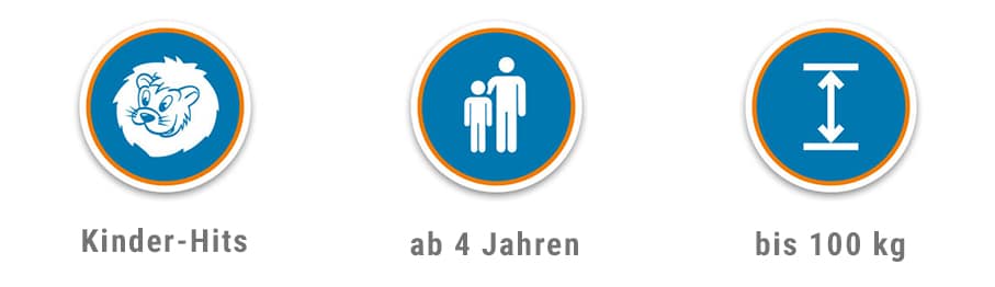 Icons für Kinderattraktionen Drei Symbole für Kinderattraktionen, darunter ein Löwe, ein Kind mit Erwachsenem und eine Gewichtsanzeige.