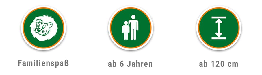 Symbol für Familienaktivitäten und Altersbeschränkungen Drei Symbole, die Familienaktivitäten, Altersbeschränkungen und Höhenanforderungen darstellen.